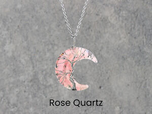 Rose Quartz Tree of Life Crescent Moon Boho Silver Necklace